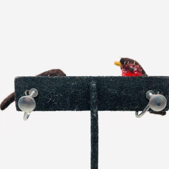 Vintage 3D Red Bird Handcrafted Fabric Earrings - Picture 5 of 8